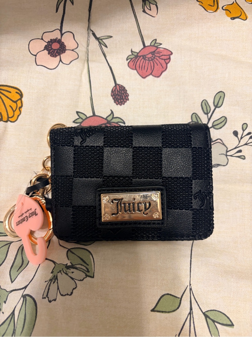 NWT Juicy Couture Black Checkerboard Card Case Wallet Keyring Heart Charm Y2K